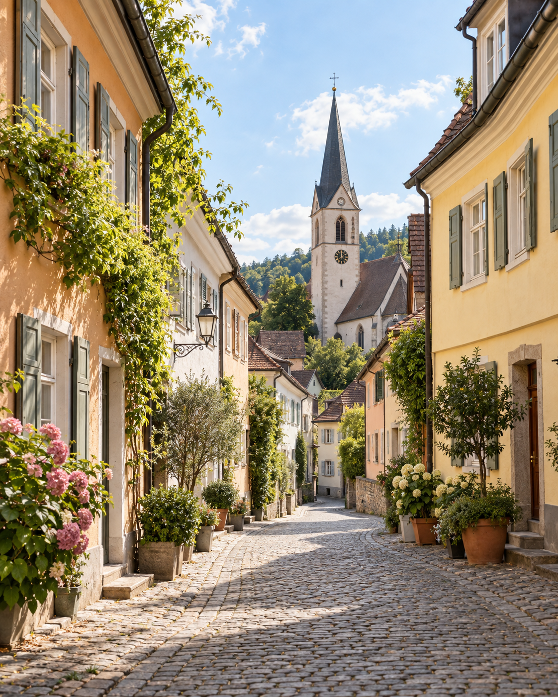 Historische Wohnhäuser an einer gepflasterten Straße mit Kirchturm im Hintergrund