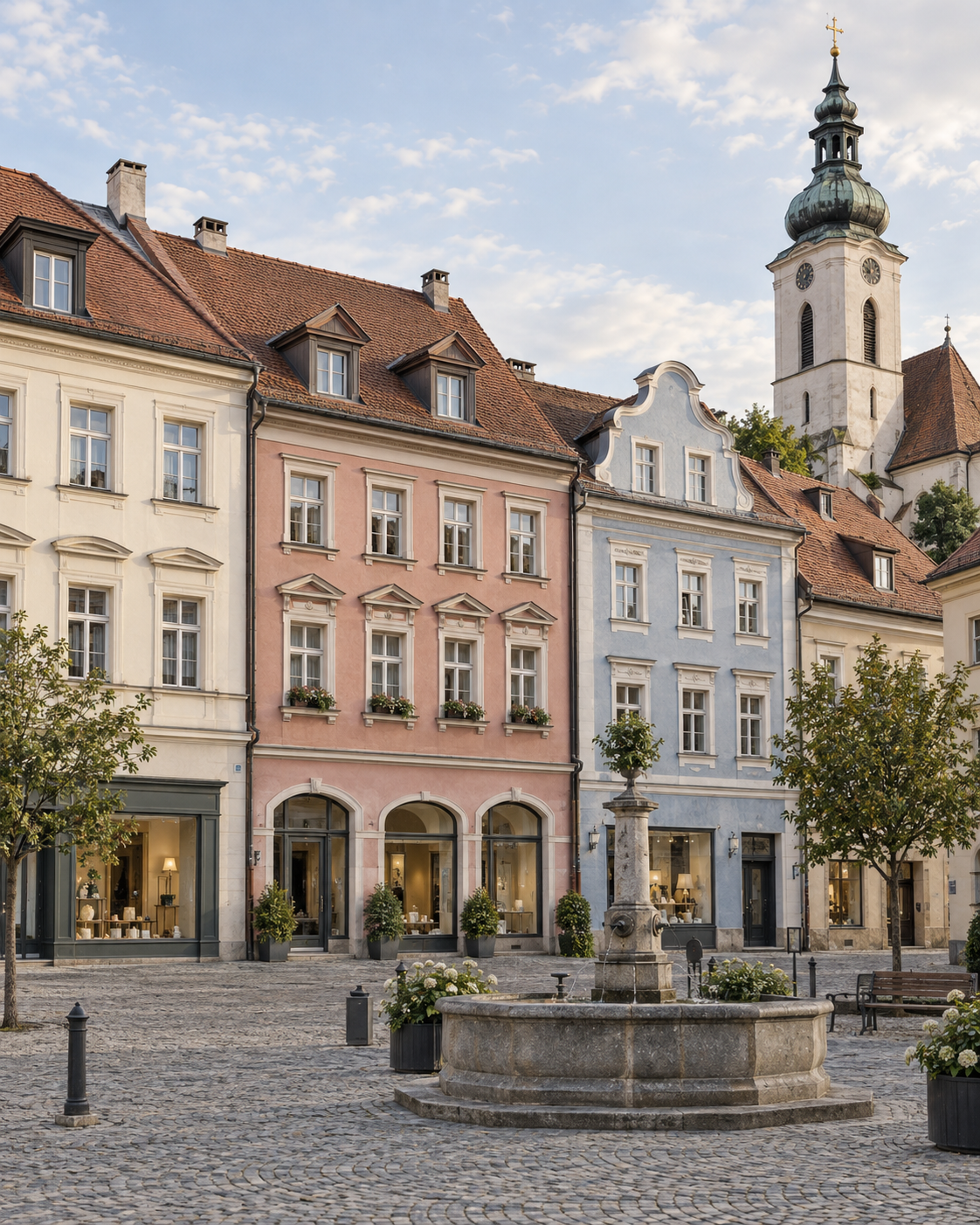 Historische Wohn- und Geschäftshäuser an einem offenen Stadtplatz