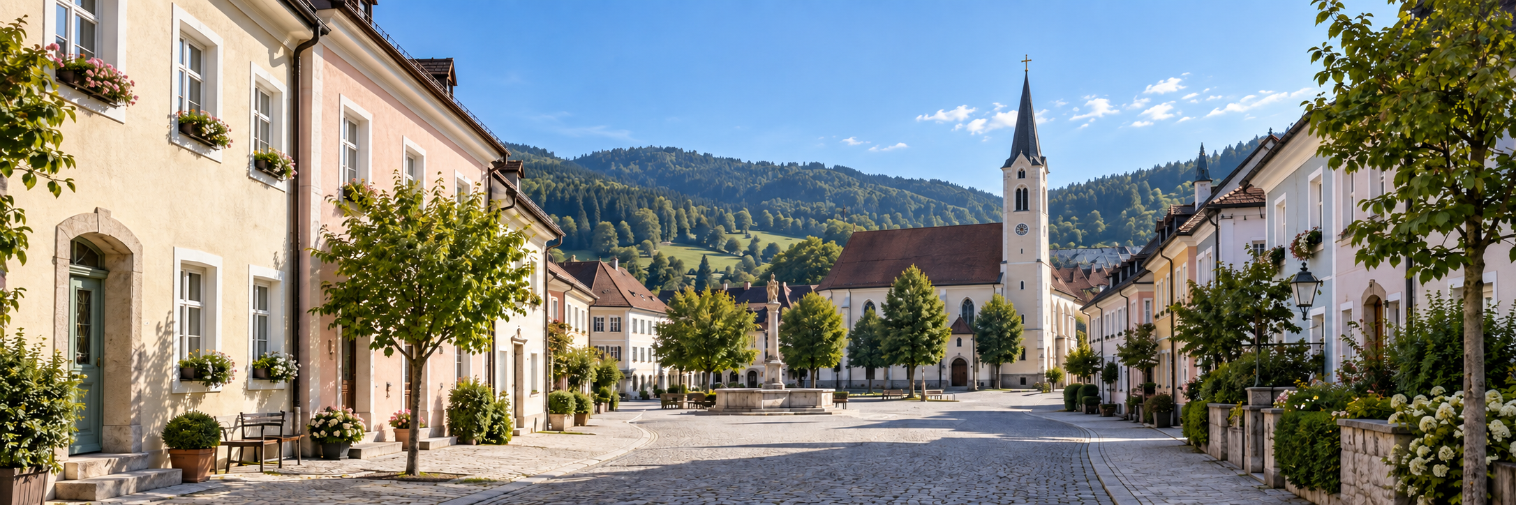 Straße mit Wohnhäusern und Kirchturm in einem gewachsenen europäischen Ort