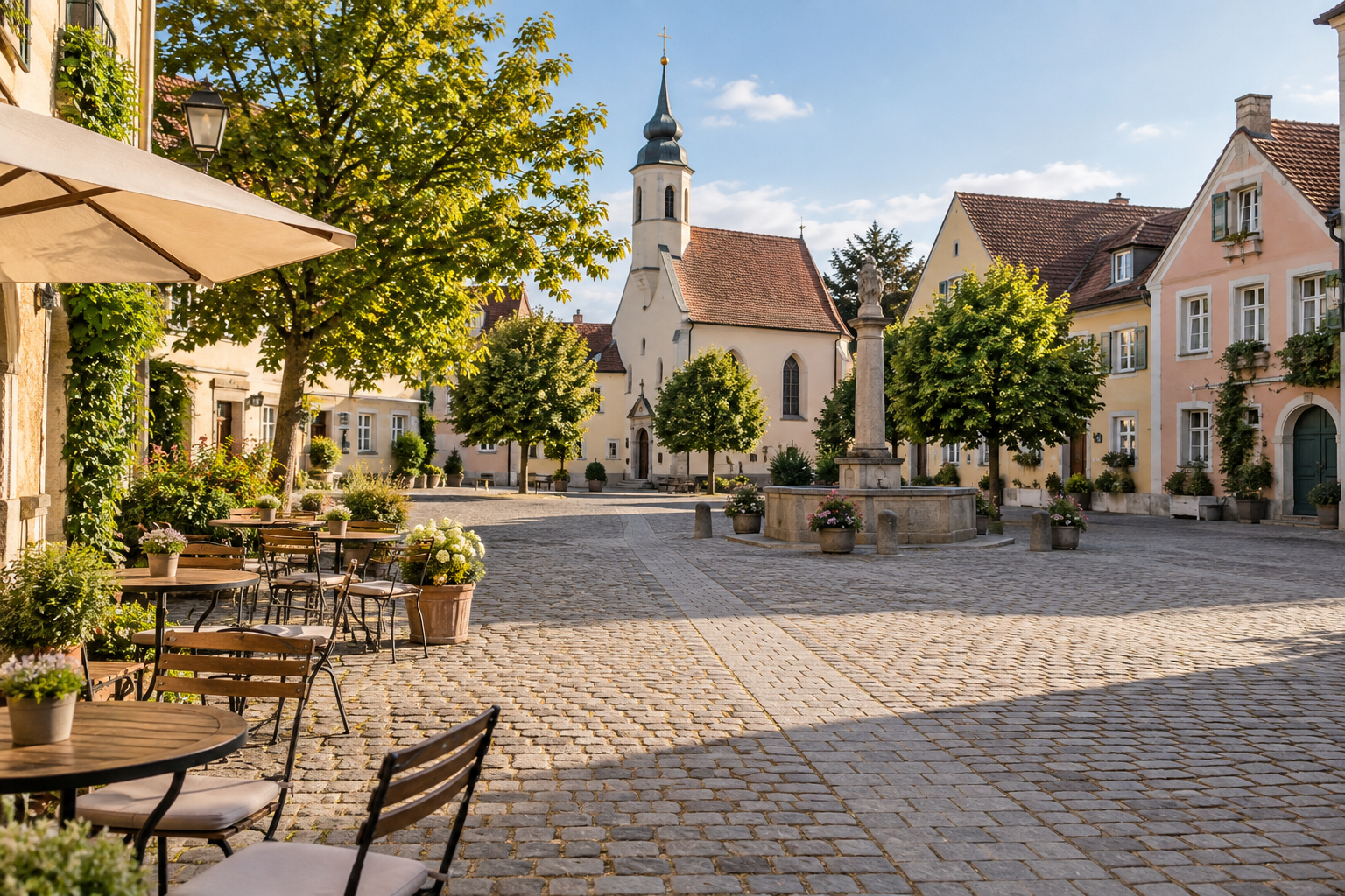 Kleiner Stadtplatz mit Kirche, Wohnhäusern und Cafétischen