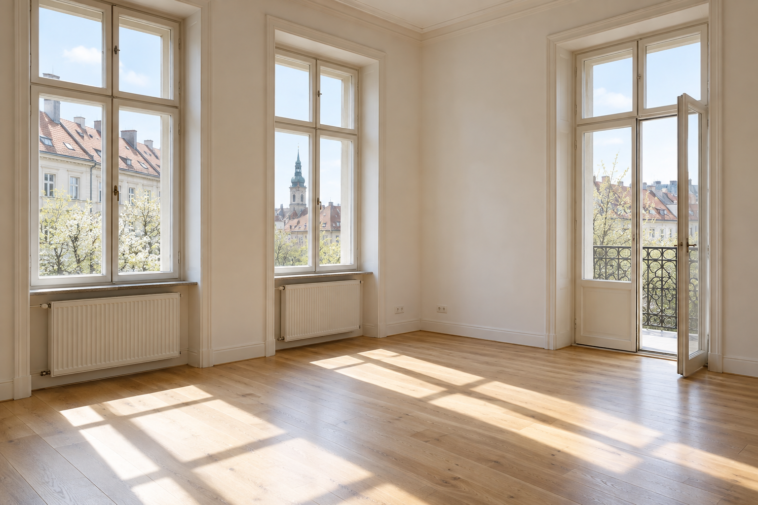 Heller Wohnraum mit Balkonzugang und Blick zum Kirchturm